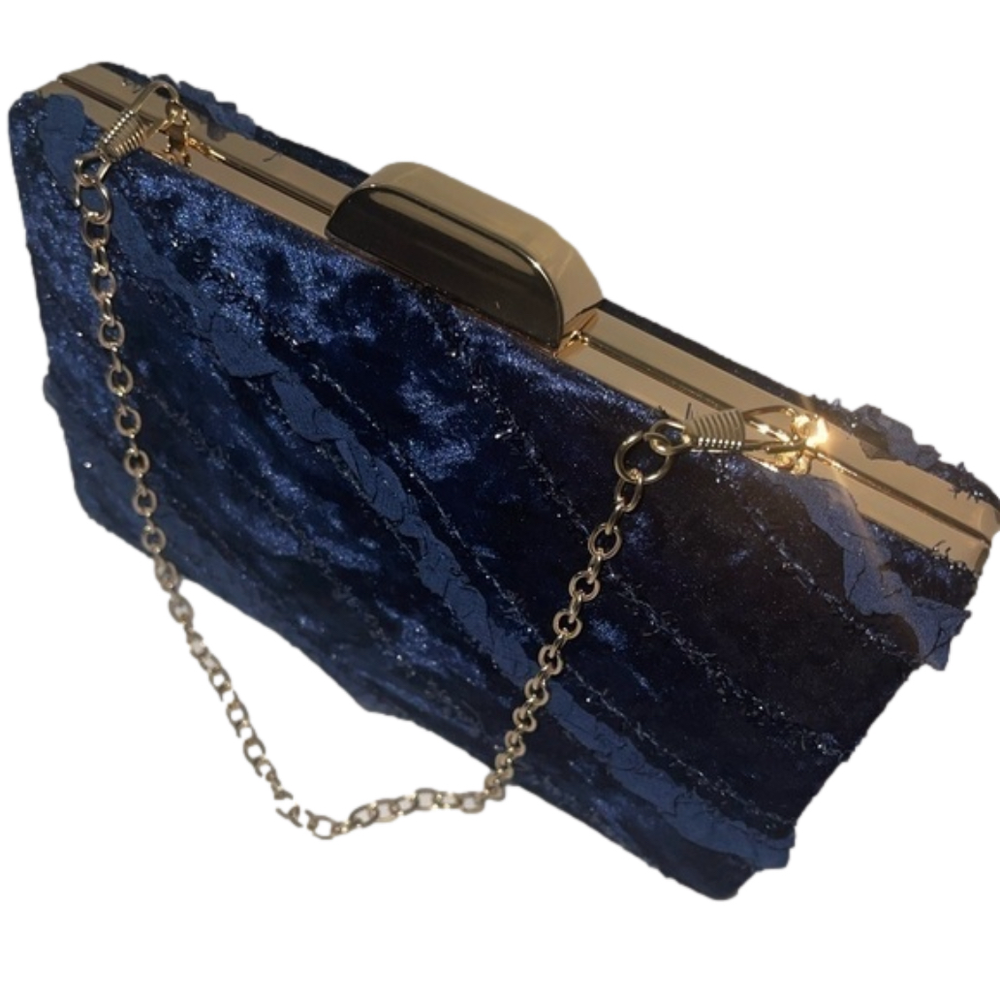 Blue Velvet Clutch Bag With Satin Trims | Luxury Evening Handbag |